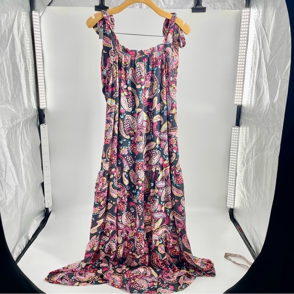 NWT Emily Wonder Black Paisley Ruffle Dress Preppy Maxi‎ Boxy Boho Small - Picture 4 of 14